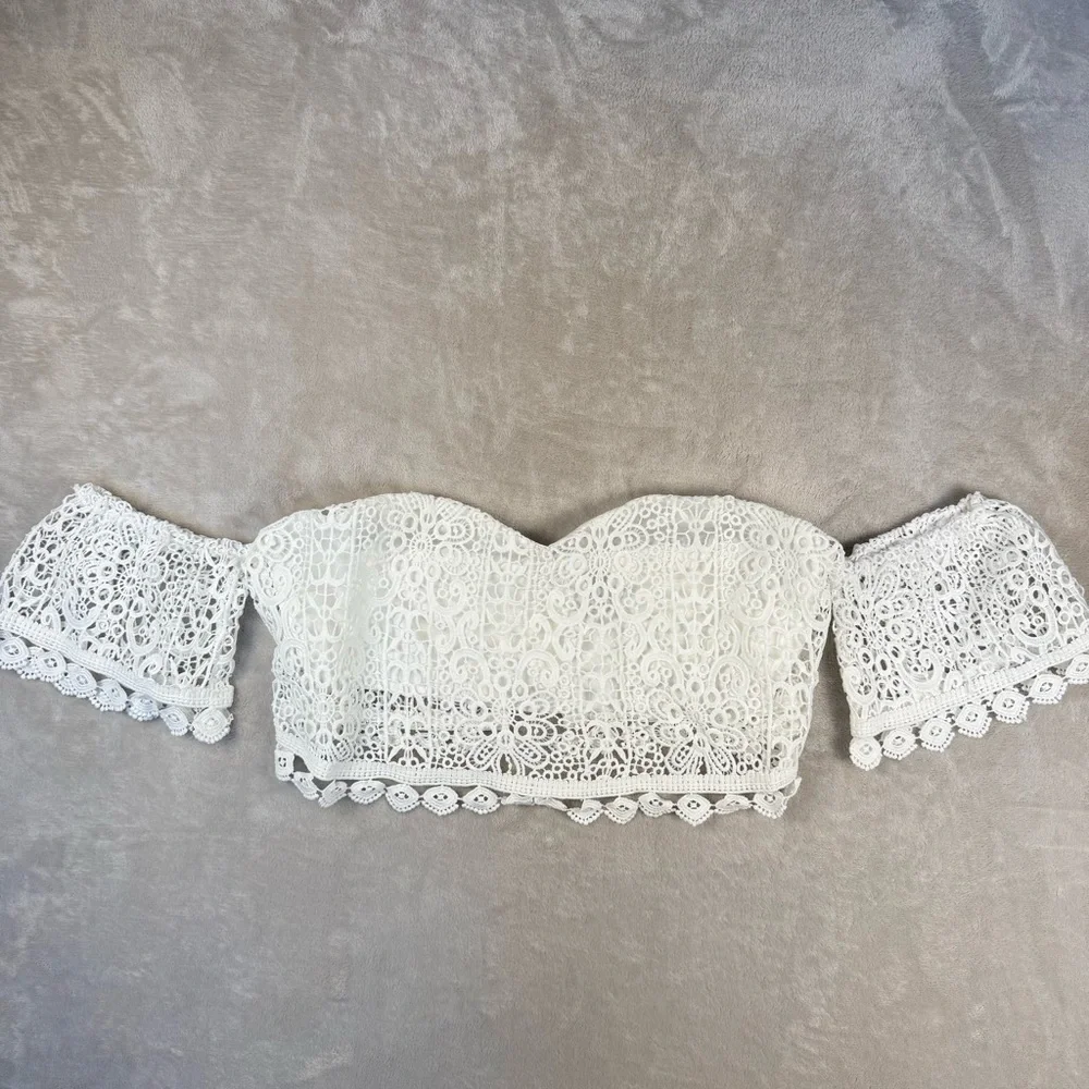 Windsor White Lace Off Shoulder Crop Top Boho Festival Romantic Size L - Picture 2 of 12